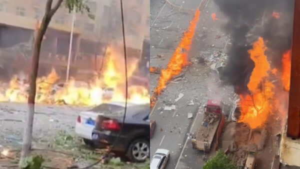 ガス管破損による大爆発で2人死亡　道路上に噴き出す巨大な炎＝中国 河北