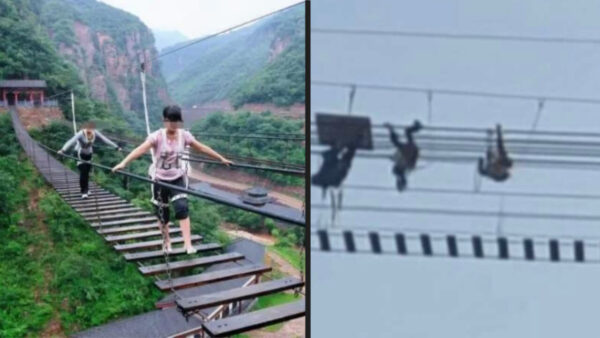 スリルどころか死ぬほどの恐怖！　吊り橋が横転して、観光客が宙づりに＝中国 河南
