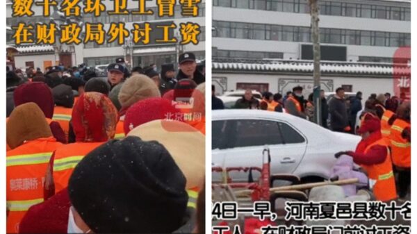 「未払いの給料を払って」　町の清掃員が雪の中、政府庁舎前で抗議＝中国 河南