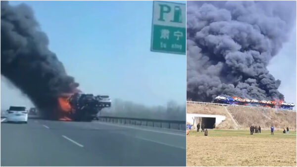 河北省の高速で火災　車両数十台が焼け骨組みだけに